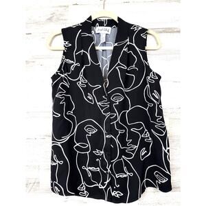 Joseph Ribkoff Womens 8 Black White Abstract Sleeveless Button Work Blouse NEW